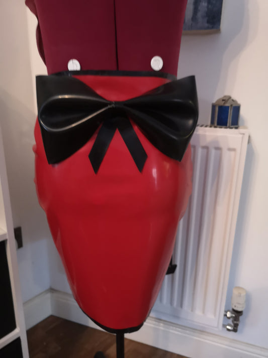 Red Latex Pencil Skirt with Bow