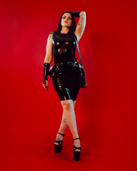 Black Latex Princess Dress with Spiked Shoulder Detail