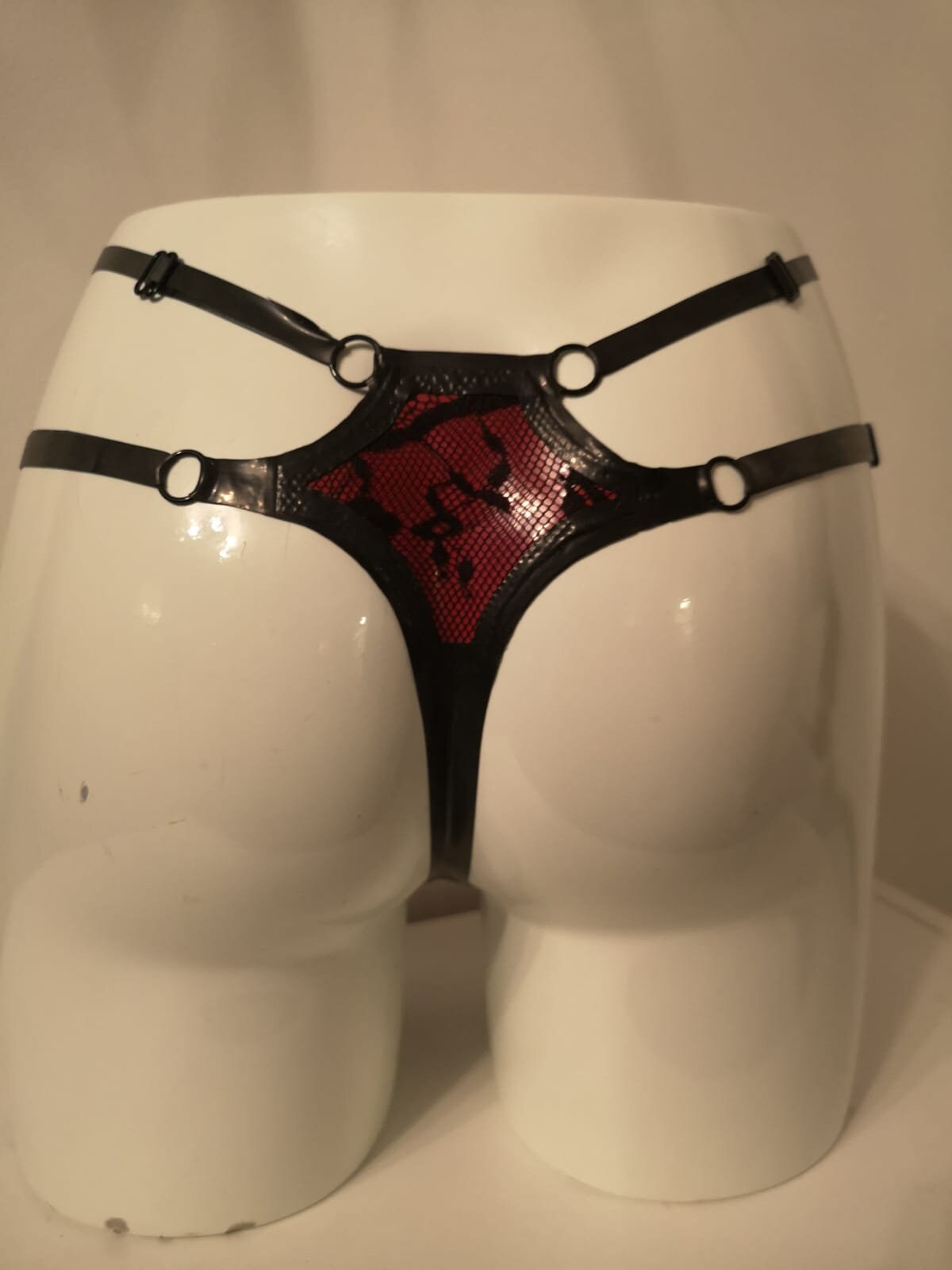 Latex Red and Black Lace Thong