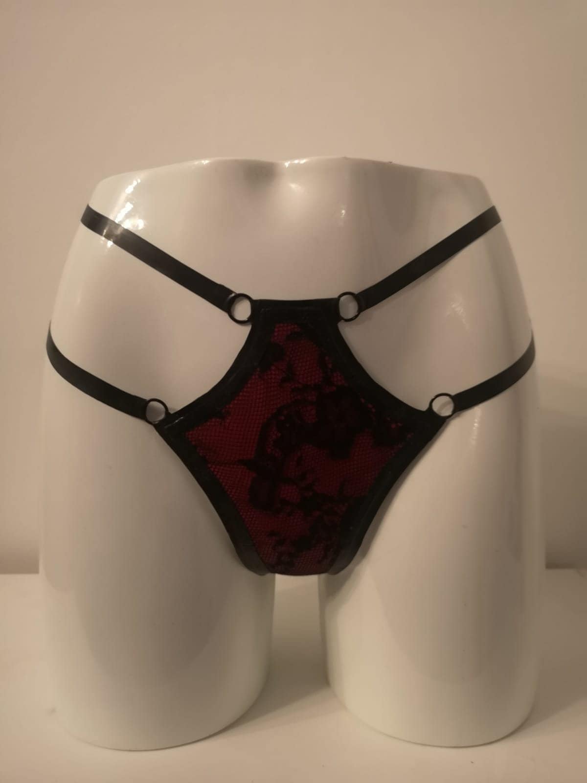 Latex Red and Black Lace Thong